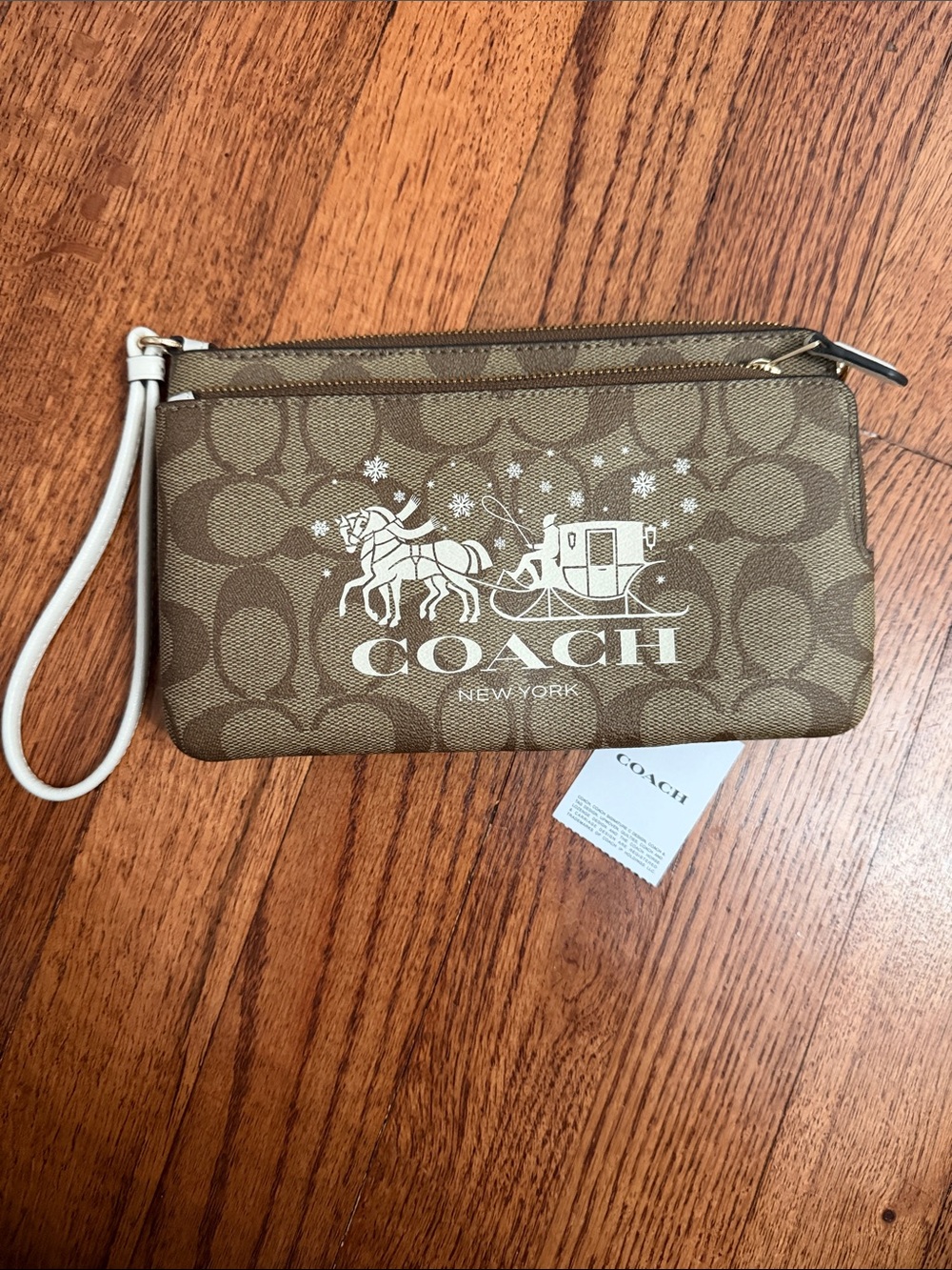 Coach Brown Signature Canvas Wristlet with White Logo and Strap